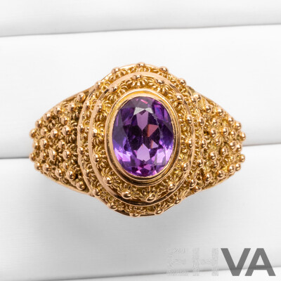 19.2ct Rose Gold Vintage Floral Ring with Oval Purple Sapphire - Size R.5