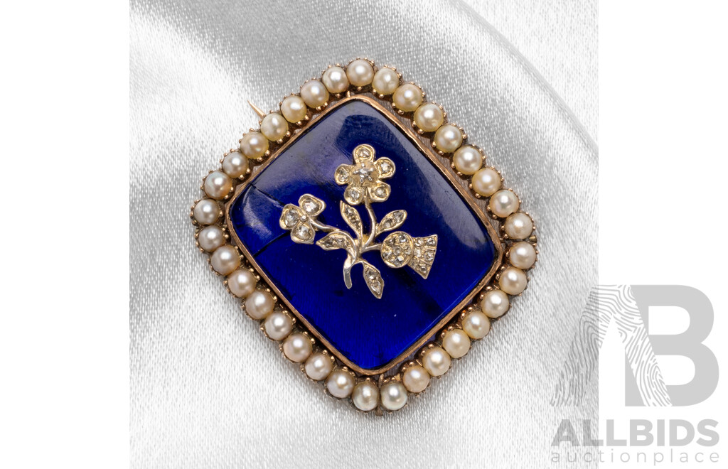Vintage 9ct Brooch with Pearls, Diamonds and Blue Enamel. 11.69gms