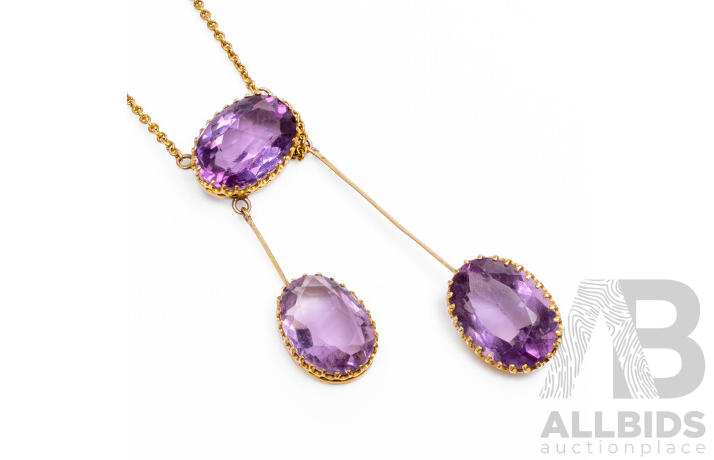 Vintage 14ct Yellow Gold Necklace with Oval Natural Amethysts - 9.66gms