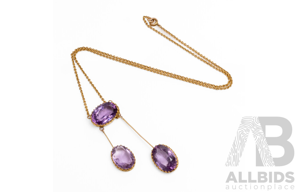Vintage 14ct Yellow Gold Necklace with Oval Natural Amethysts - 9.66gms