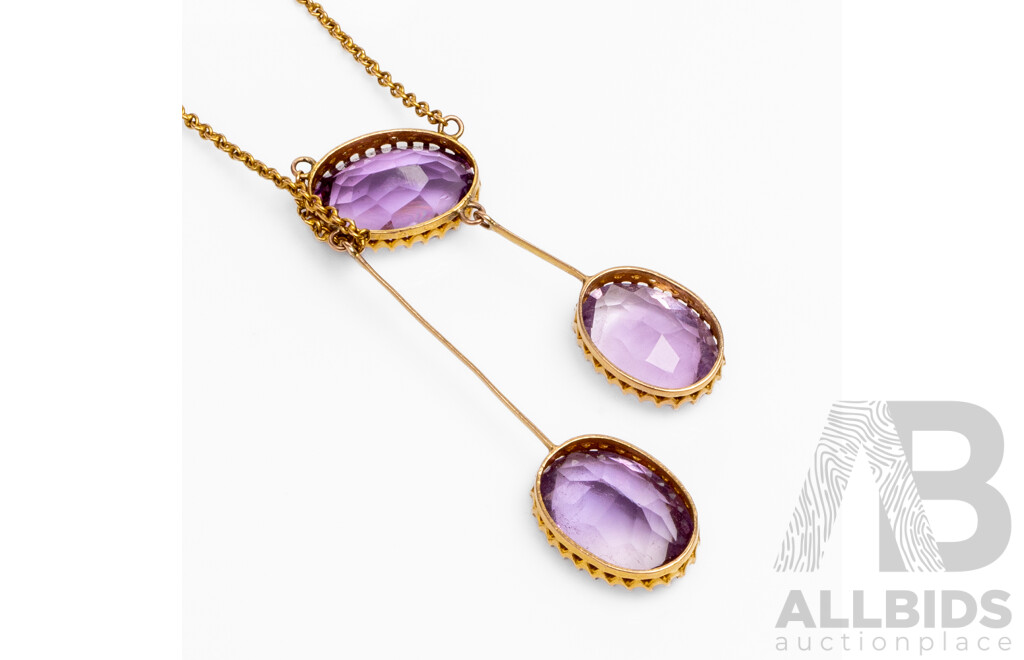 Vintage 14ct Yellow Gold Necklace with Oval Natural Amethysts - 9.66gms