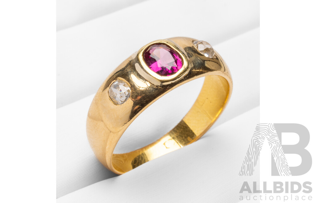 18ct Yellow Gold Ring with Purple Garnet and Mine Cut Diamonds - Size S.5