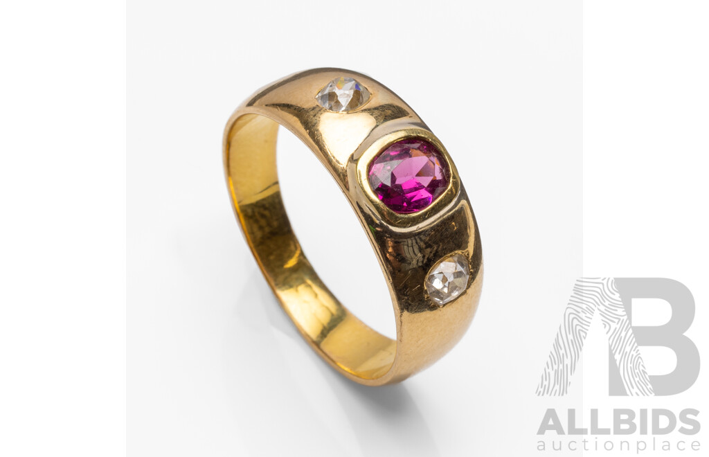 18ct Yellow Gold Ring with Purple Garnet and Mine Cut Diamonds - Size S.5