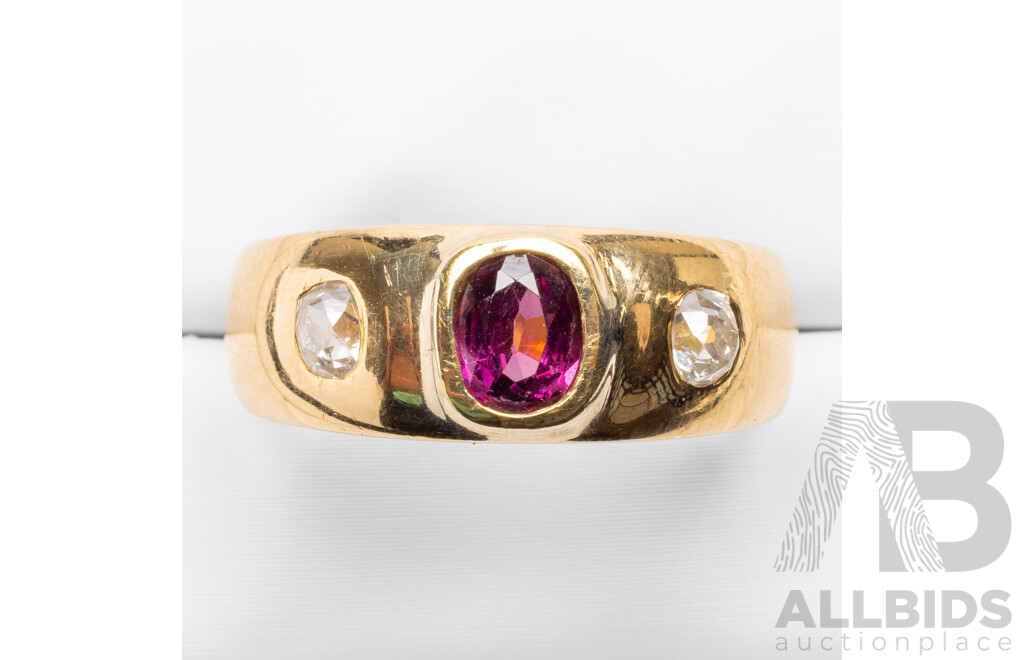 18ct Yellow Gold Ring with Purple Garnet and Mine Cut Diamonds - Size S.5