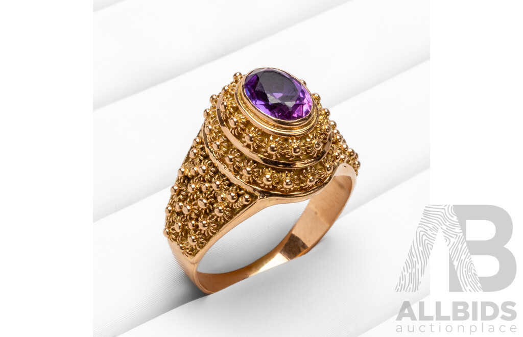 19.2ct Rose Gold Vintage Floral Ring with Oval Purple Sapphire - Size R.5