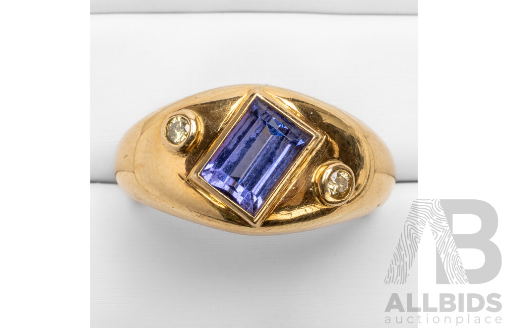 18ct Yellow Gold Ring with Emerald Cut Tanzanite and Yellow Diamonds - Size Q.5