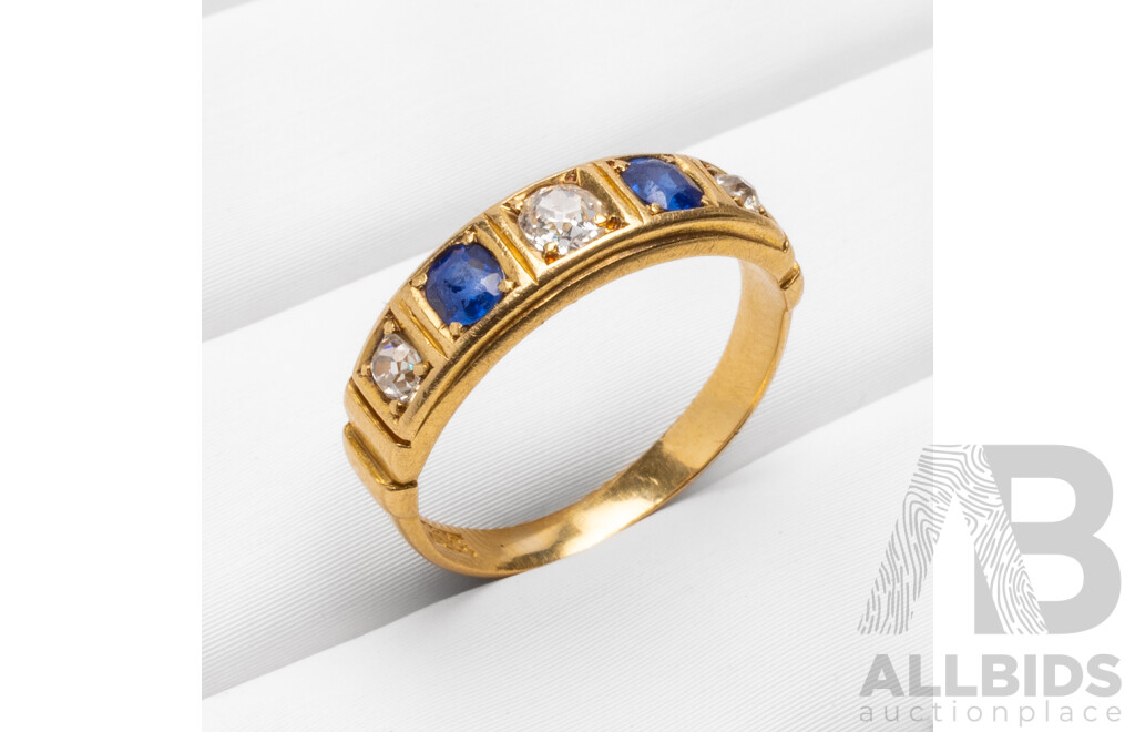 Vintage 18ct Yellow Gold Wedder with Old Cut Diamonds and Sapphires - Size I.5