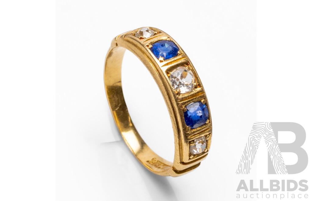 Vintage 18ct Yellow Gold Wedder with Old Cut Diamonds and Sapphires - Size I.5