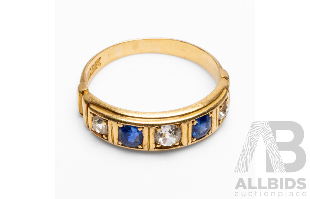 Vintage 18ct Yellow Gold Wedder with Old Cut Diamonds and Sapphires - Size I.5