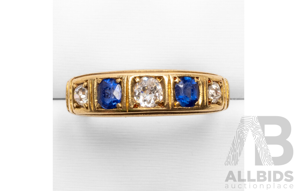 Vintage 18ct Yellow Gold Wedder with Old Cut Diamonds and Sapphires - Size I.5