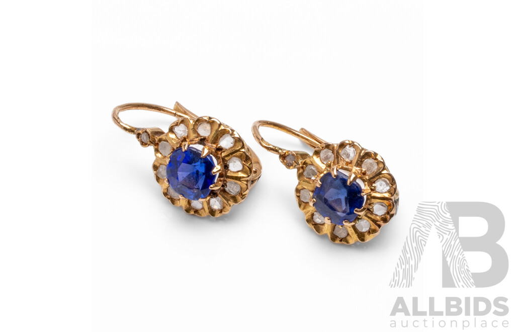 Vintage Pair of 18ct Yellow Gold Earrings with Blue Tourmalines and Uncut Diamonds