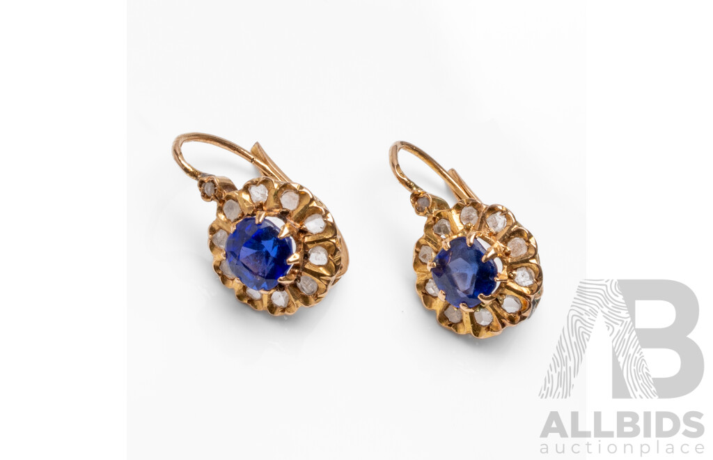 Vintage Pair of 18ct Yellow Gold Earrings with Blue Tourmalines and Uncut Diamonds