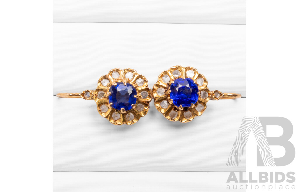 Vintage Pair of 18ct Yellow Gold Earrings with Blue Tourmalines and Uncut Diamonds