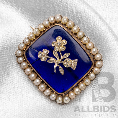 Vintage 9ct Brooch with Pearls, Diamonds and Blue Enamel. 11.69gms