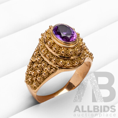 19.2ct Rose Gold Vintage Floral Ring with Oval Purple Sapphire - Size R.5