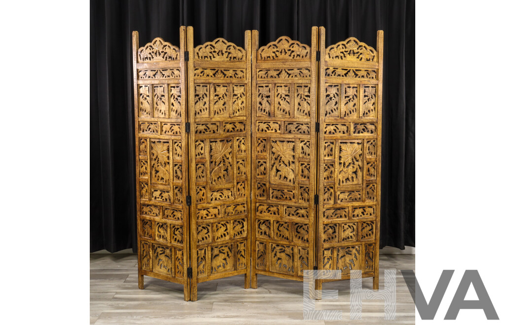 Indonesian Teak Four Panel Dressing Screen