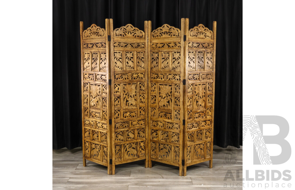 Indonesian Teak Four Panel Dressing Screen