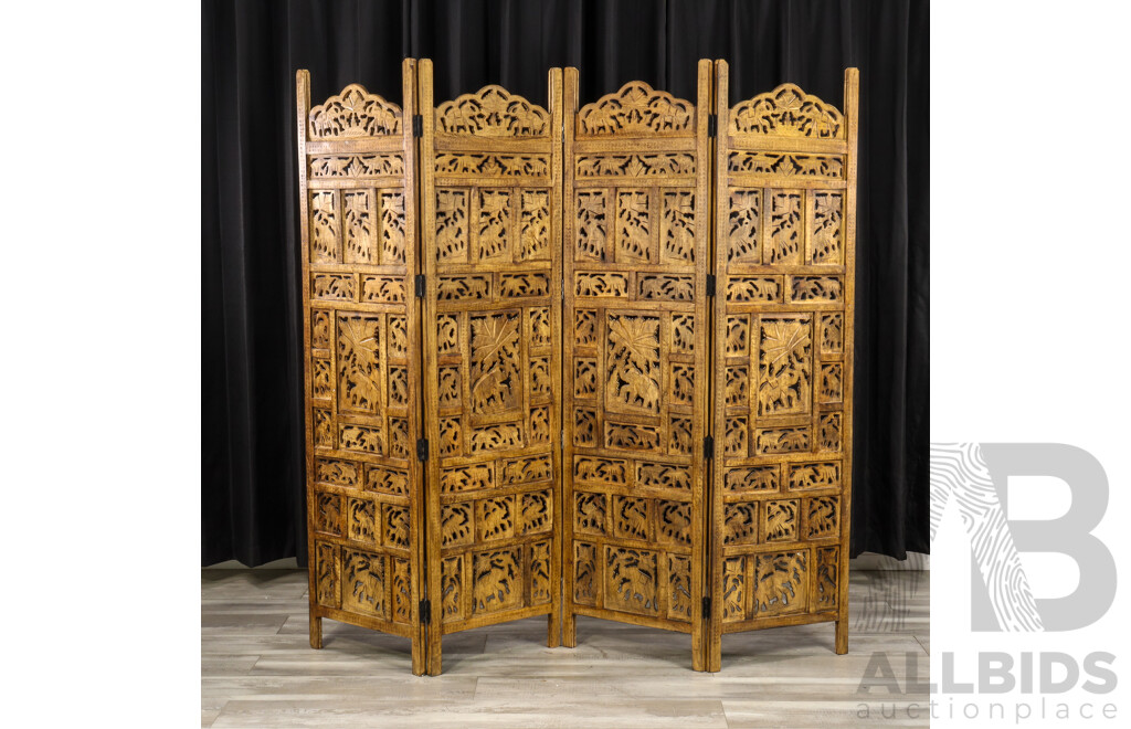 Indonesian Teak Four Panel Dressing Screen