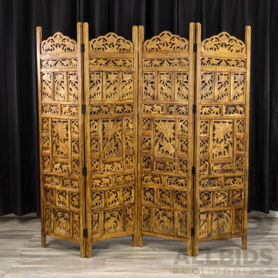 Indonesian Teak Four Panel Dressing Screen