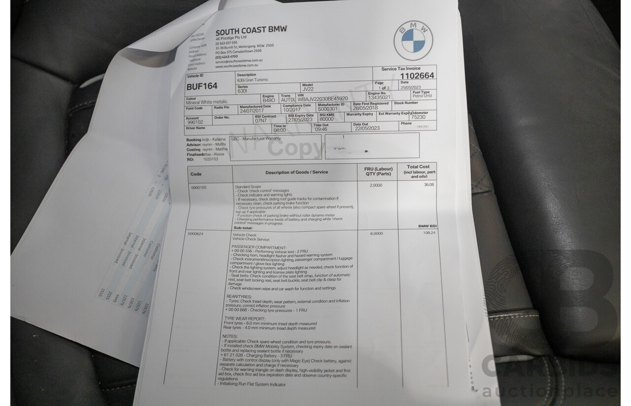 9/2017 BMW 630i M Sport Gran Coupe G32 5D Hatchback Mineral White Metallic Turbo 2.0L