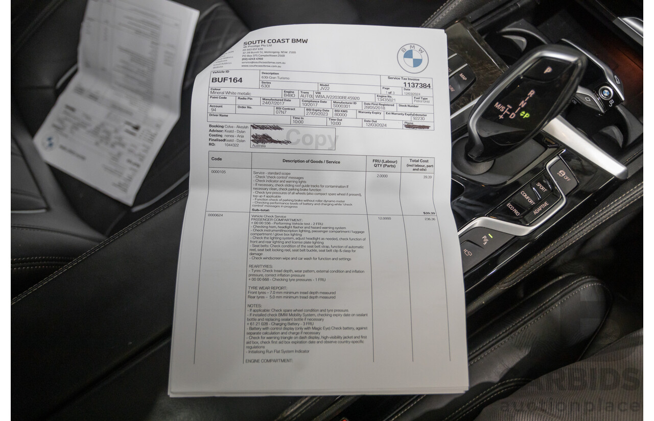 9/2017 BMW 630i M Sport Gran Coupe G32 5D Hatchback Mineral White Metallic Turbo 2.0L