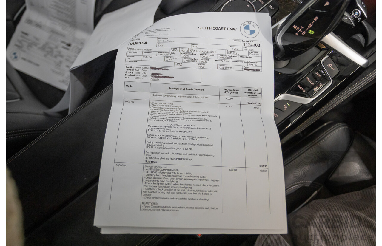 9/2017 BMW 630i M Sport Gran Coupe G32 5D Hatchback Mineral White Metallic Turbo 2.0L