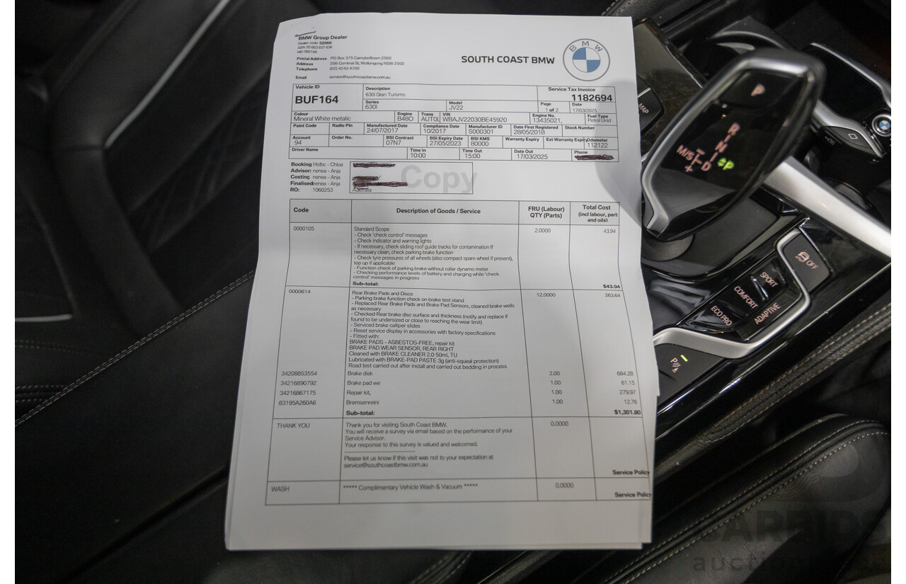 9/2017 BMW 630i M Sport Gran Coupe G32 5D Hatchback Mineral White Metallic Turbo 2.0L