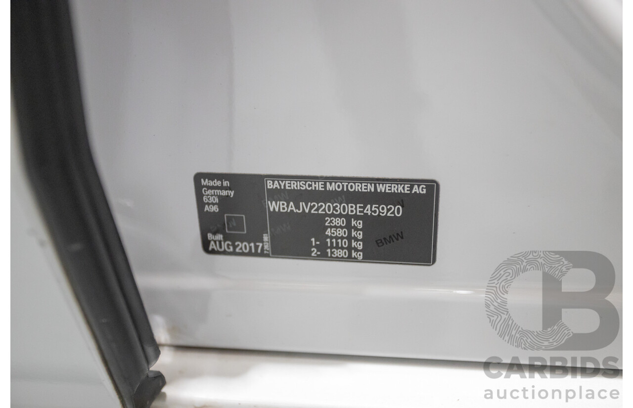 9/2017 BMW 630i M Sport Gran Coupe G32 5D Hatchback Mineral White Metallic Turbo 2.0L