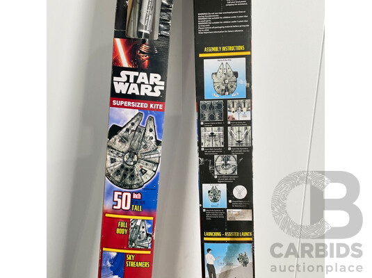 Collection of Star Wars Memorabilia Including Pair of Millennium Falcon Supersized Kites and Limited Collectors Edition Monopoly
