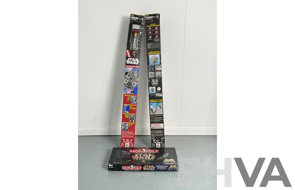 Collection of Star Wars Memorabilia Including Pair of Millennium Falcon Supersized Kites and Limited Collectors Edition Monopoly