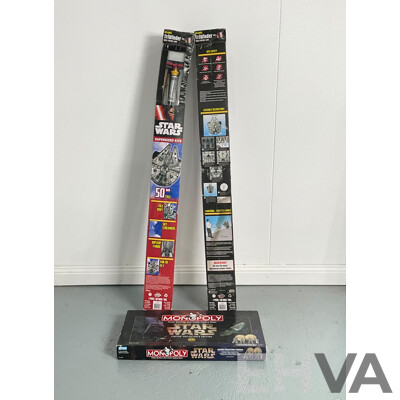 Collection of Star Wars Memorabilia Including Pair of Millennium Falcon Supersized Kites and Limited Collectors Edition Monopoly