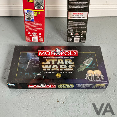 Collection of Star Wars Memorabilia Including Pair of Millennium Falcon Supersized Kites and Limited Collectors Edition Monopoly