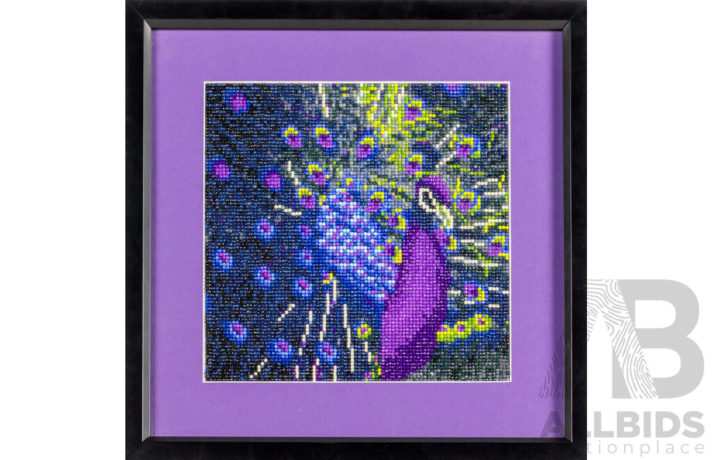 Artist Unknown (20th Century), Purple Peacock, Original Handmade Diamond Embroidery, 38H x 38W cm (frame)