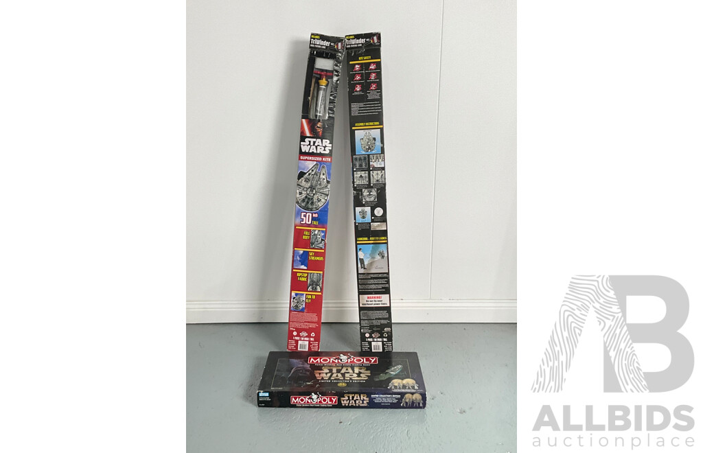 Collection of Star Wars Memorabilia Including Pair of Millennium Falcon Supersized Kites and Limited Collectors Edition Monopoly