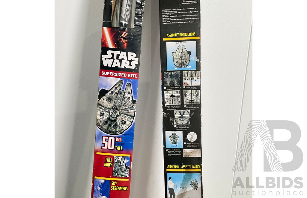 Collection of Star Wars Memorabilia Including Pair of Millennium Falcon Supersized Kites and Limited Collectors Edition Monopoly