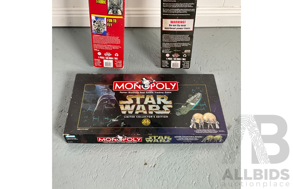 Collection of Star Wars Memorabilia Including Pair of Millennium Falcon Supersized Kites and Limited Collectors Edition Monopoly