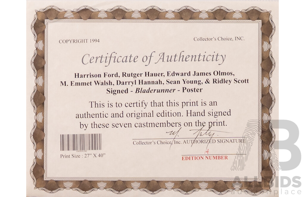 Framed Vintage Blade Runner Movie Poster with Signatures, 1982