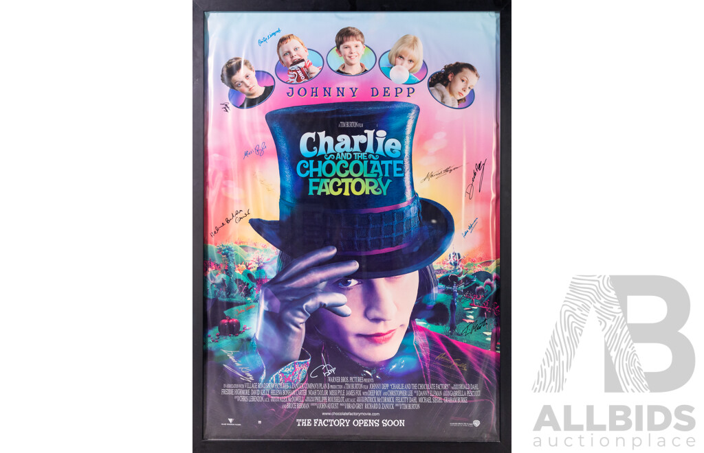 Framed Vintage Charlie and the Chocolate Factory Movie Poster with Signatures, 2005
