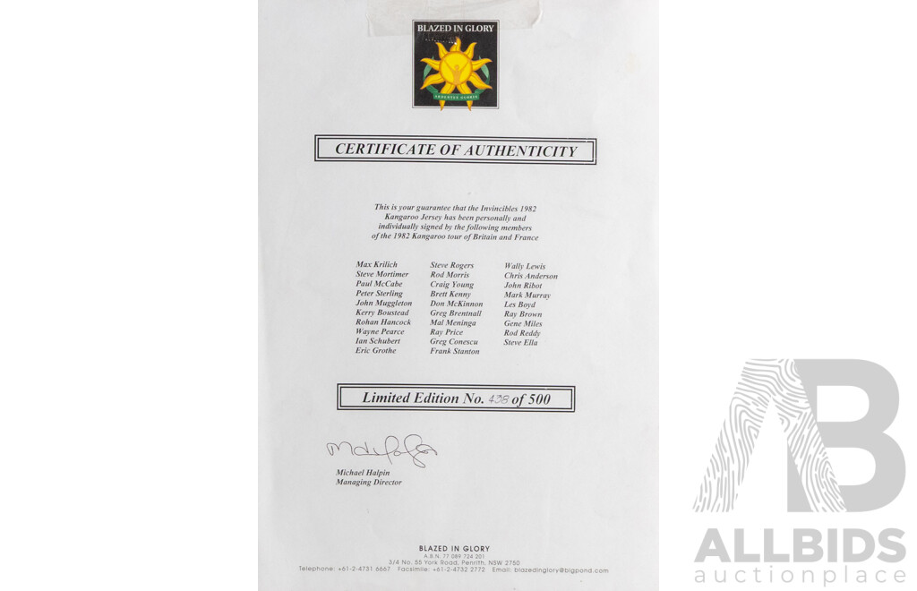 1982 ‘Invincibles’ Kangaroo Tour Signed Jersey - Lewis, Meninga & More (Ltd Ed 500)