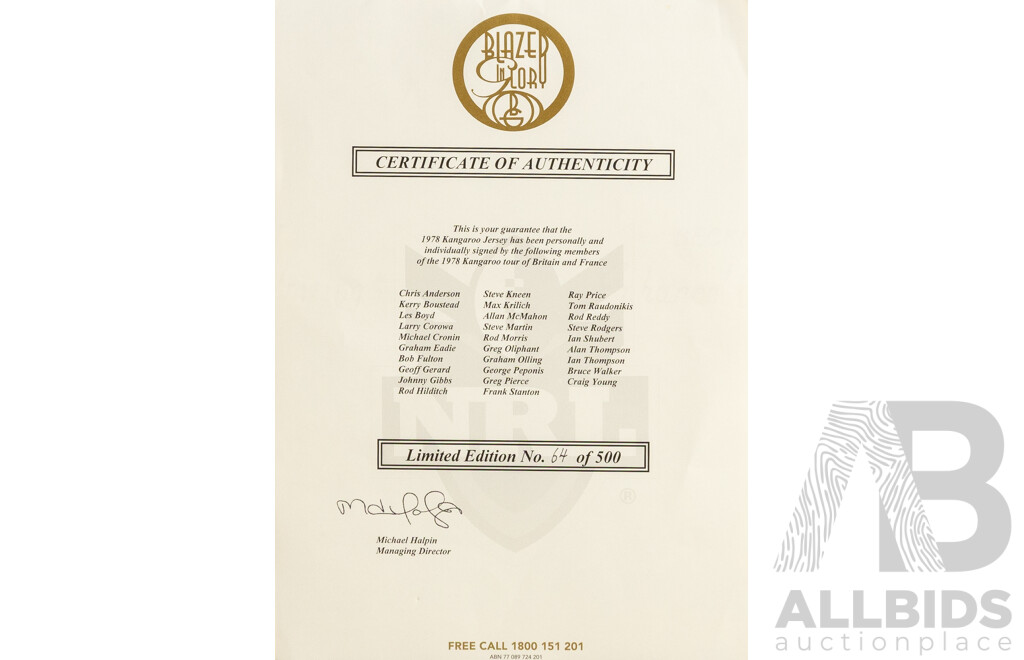 1978 Kangaroos Tour Multi-Signed Jersey (Limited Edition 64/500, COA)