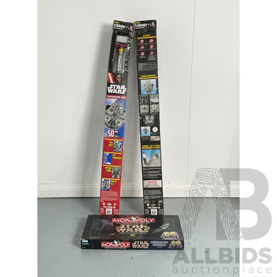 Collection of Star Wars Memorabilia Including Pair of Millennium Falcon Supersized Kites and Limited Collectors Edition Monopoly