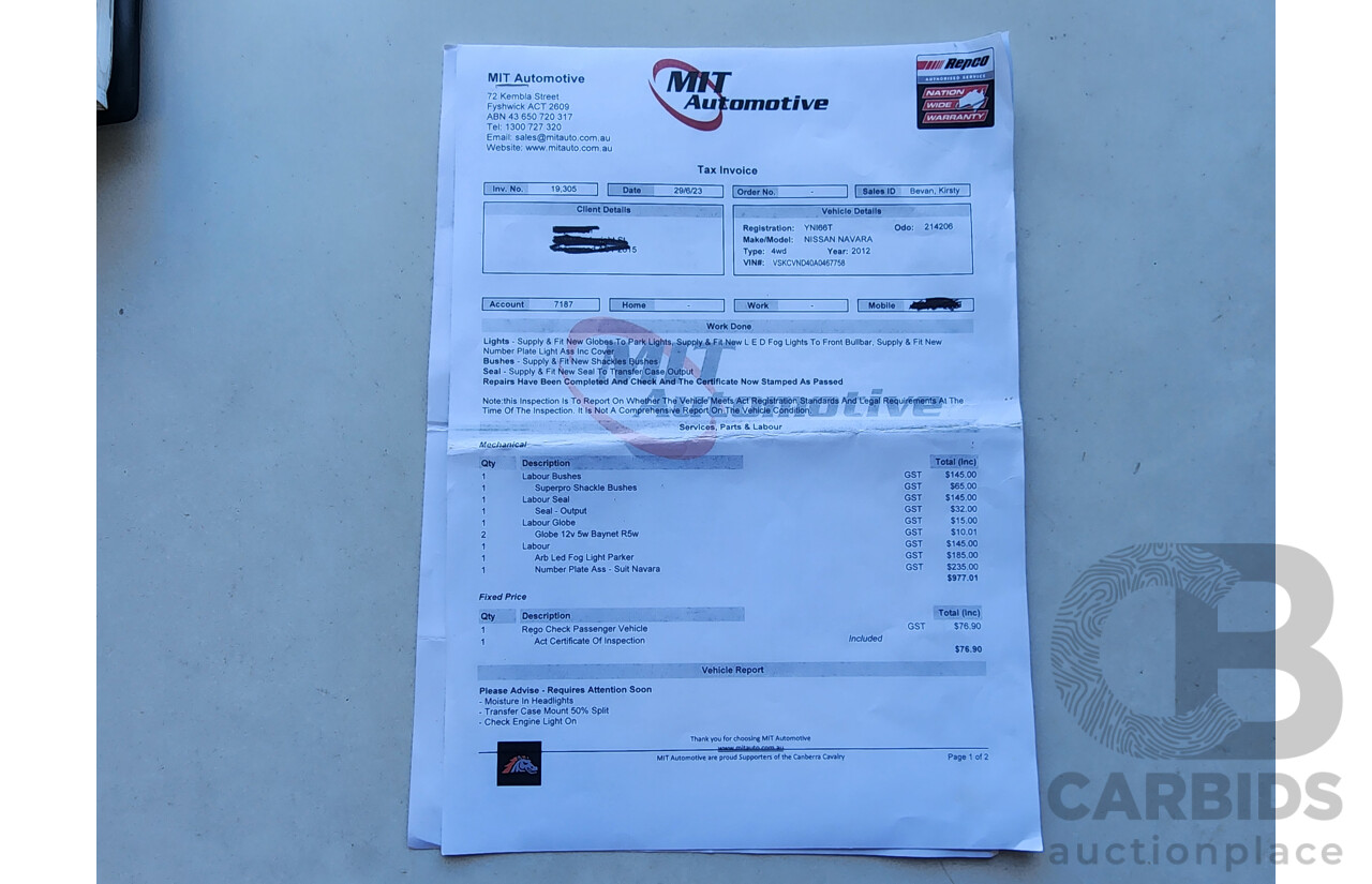 7/2012 Nissan Navara ST (4x4) D40 Dual Cab P/Up Blue 2.5L