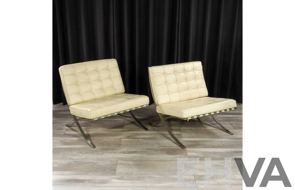 Pair of White Leather Barcelona Style Lounge Chairs with Chrome Frames