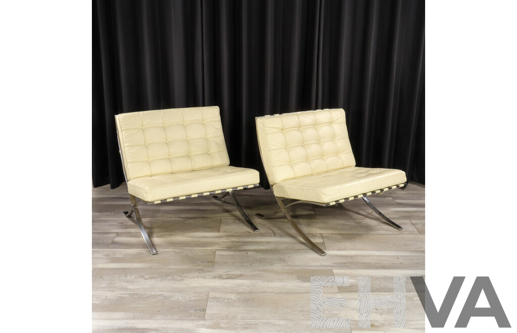 Pair of White Leather Barcelona Style Lounge Chairs with Chrome Frames