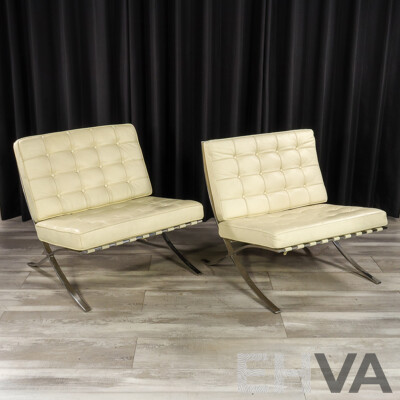 Pair of White Leather Barcelona Style Lounge Chairs with Chrome Frames