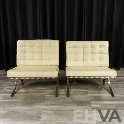 Pair of White Leather Barcelona Style Lounge Chairs with Chrome Frames