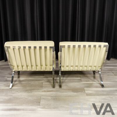 Pair of White Leather Barcelona Style Lounge Chairs with Chrome Frames