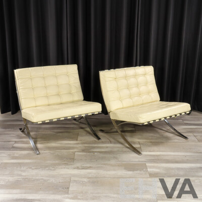 Pair of White Leather Barcelona Style Lounge Chairs with Chrome Frames