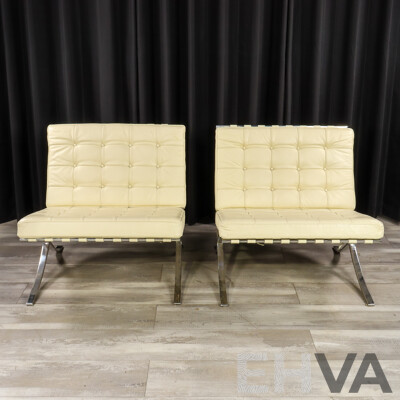 Pair of White Leather Barcelona Style Lounge Chairs with Chrome Frames