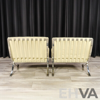 Pair of White Leather Barcelona Style Lounge Chairs with Chrome Frames